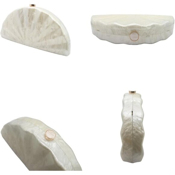 Ivory Acrylic Fan Shell Clutch Purse Elegant Marbled Handbag with Detachable Cha - Picture 6 of 6